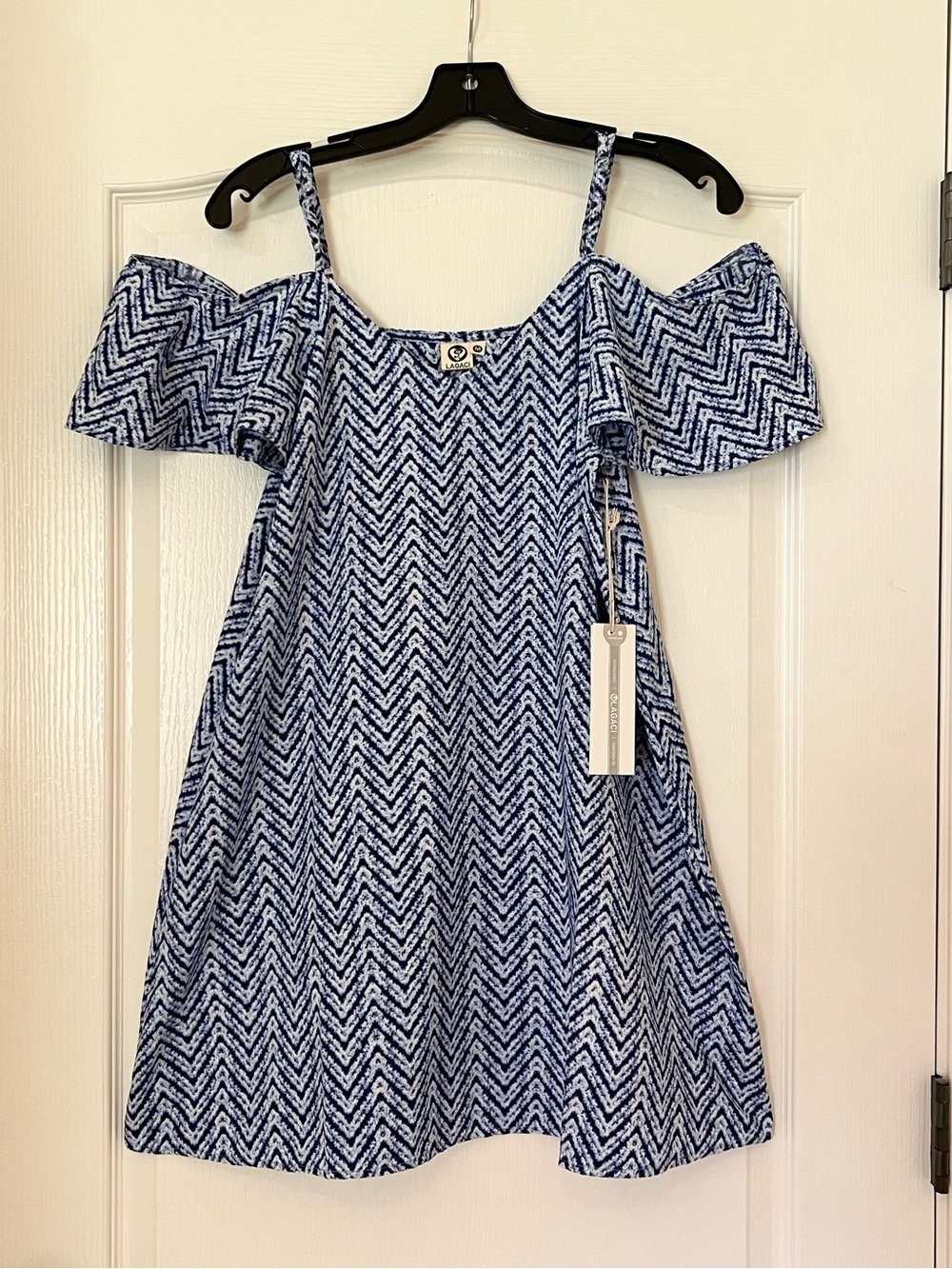 NWT Lagaci Blue Chevron Cold-Shoulder Dress for Women